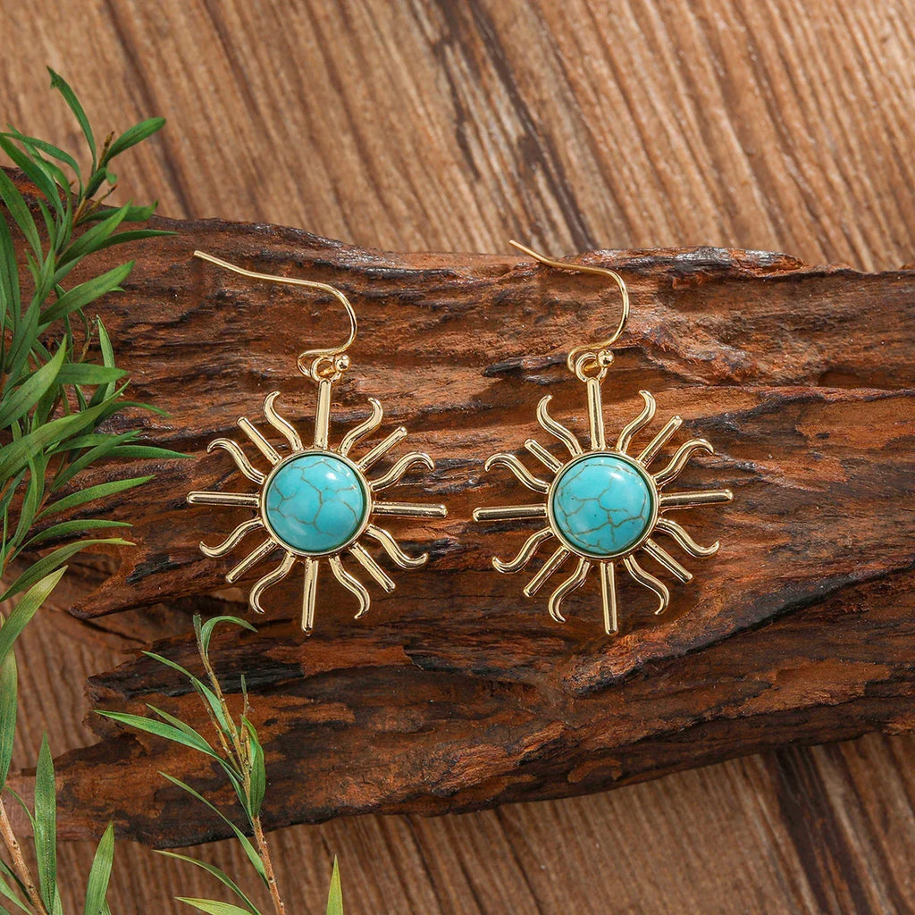Western Boho Sun Turquoise Drop Earrings