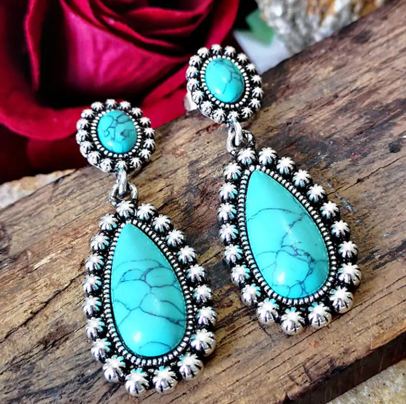 Vintage-Style Silver-Tone Turquoise Dangle Earrings