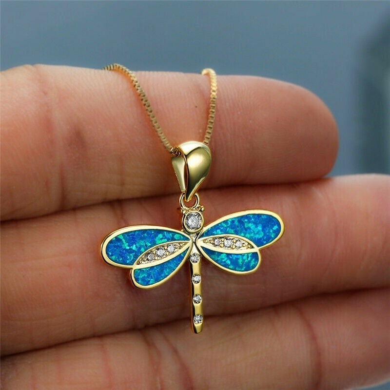 Gold-Tone Dragonfly Necklace with Opal-Look Stone