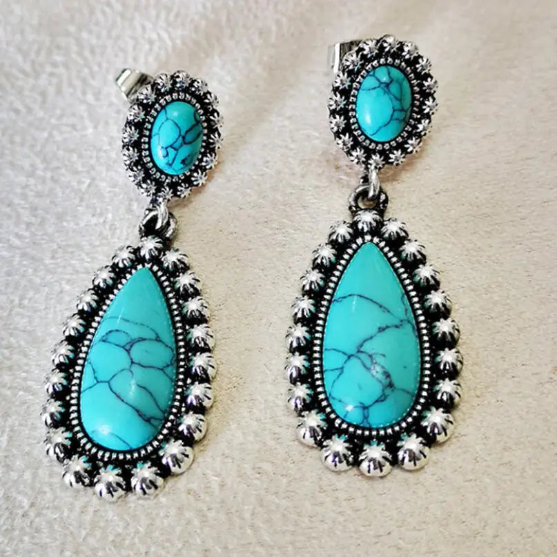 Vintage-Style Silver-Tone Turquoise Dangle Earrings