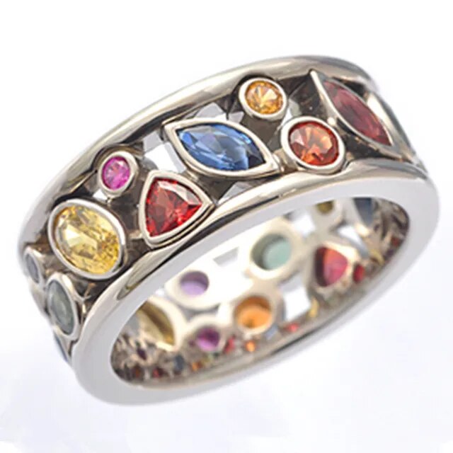 Wide Silver-Tone Band with Multicolour Marquise Zirconia