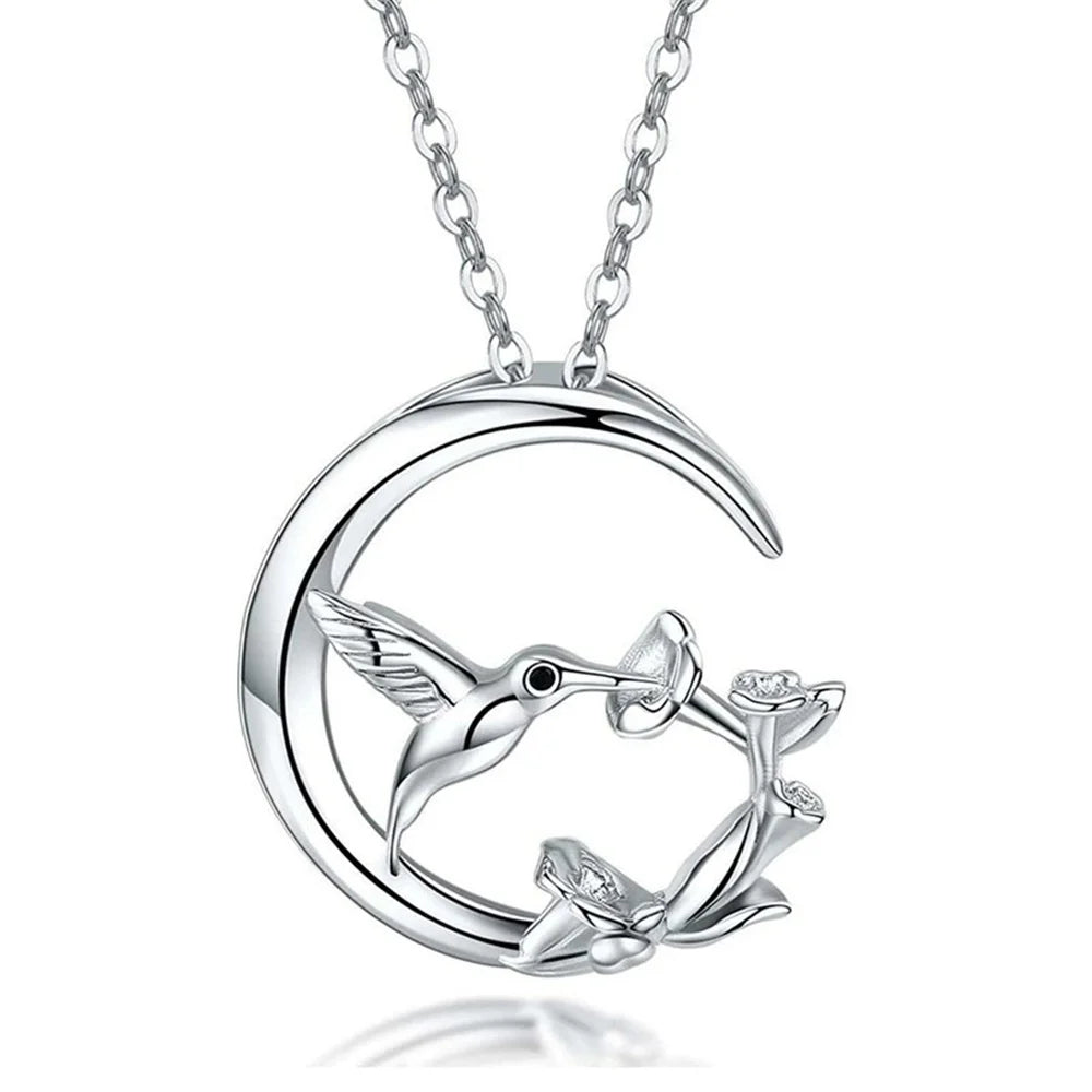 Vintage-Style Silver-Tone Moon and Bird Pendant Necklace