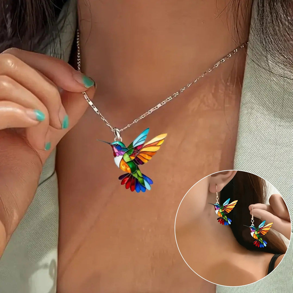 Colourful Hummingbird Pendant with Matching Earrings