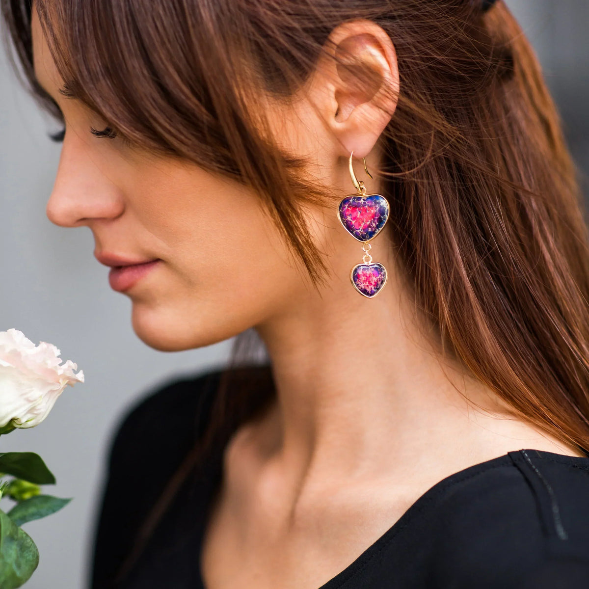 Double Heart Jasper Dangle Earrings