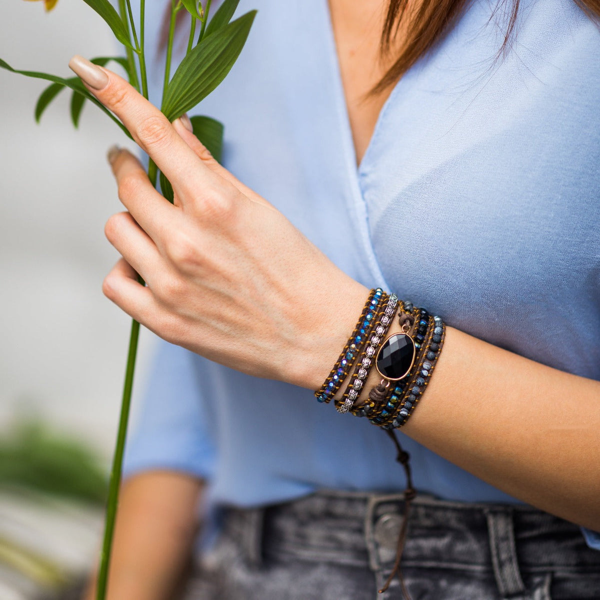Black Onyx-Look Multi-Strand Wrap Bracelet