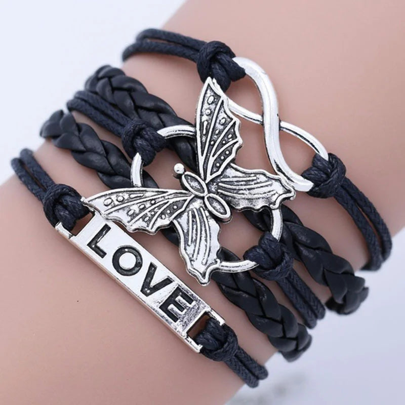 Vintage-Style Butterfly Leather Bracelet in Many Colours