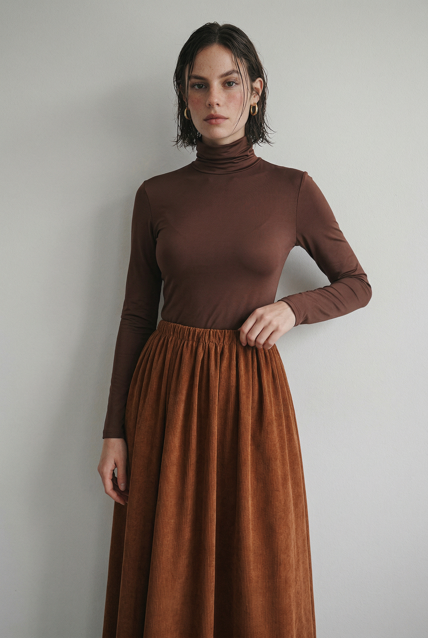 Turtleneck Top and Corduroy Skirt Two-Piece Set with Belt