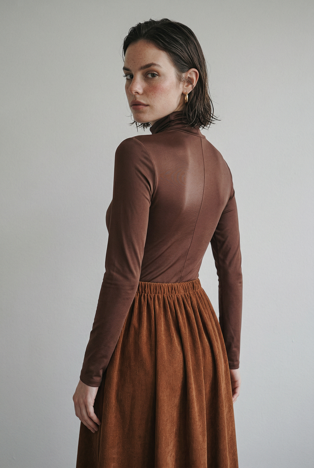 Turtleneck Top and Corduroy Skirt Two-Piece Set with Belt