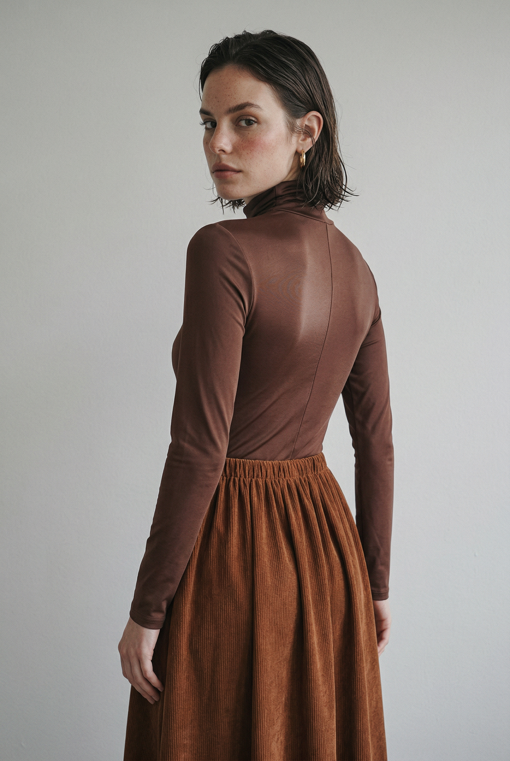 Turtleneck Top and Corduroy Skirt Two-Piece Set with Belt