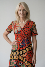 Jurk met patchworkprint, korte mouwen en zijzakken