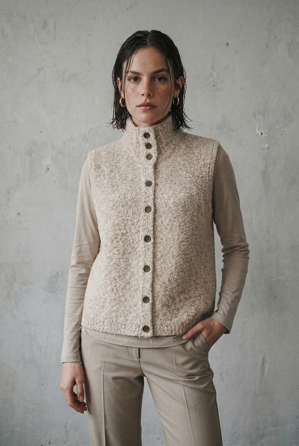 Sleeveless Knit Cardigan with Button Front and Textured Stitch