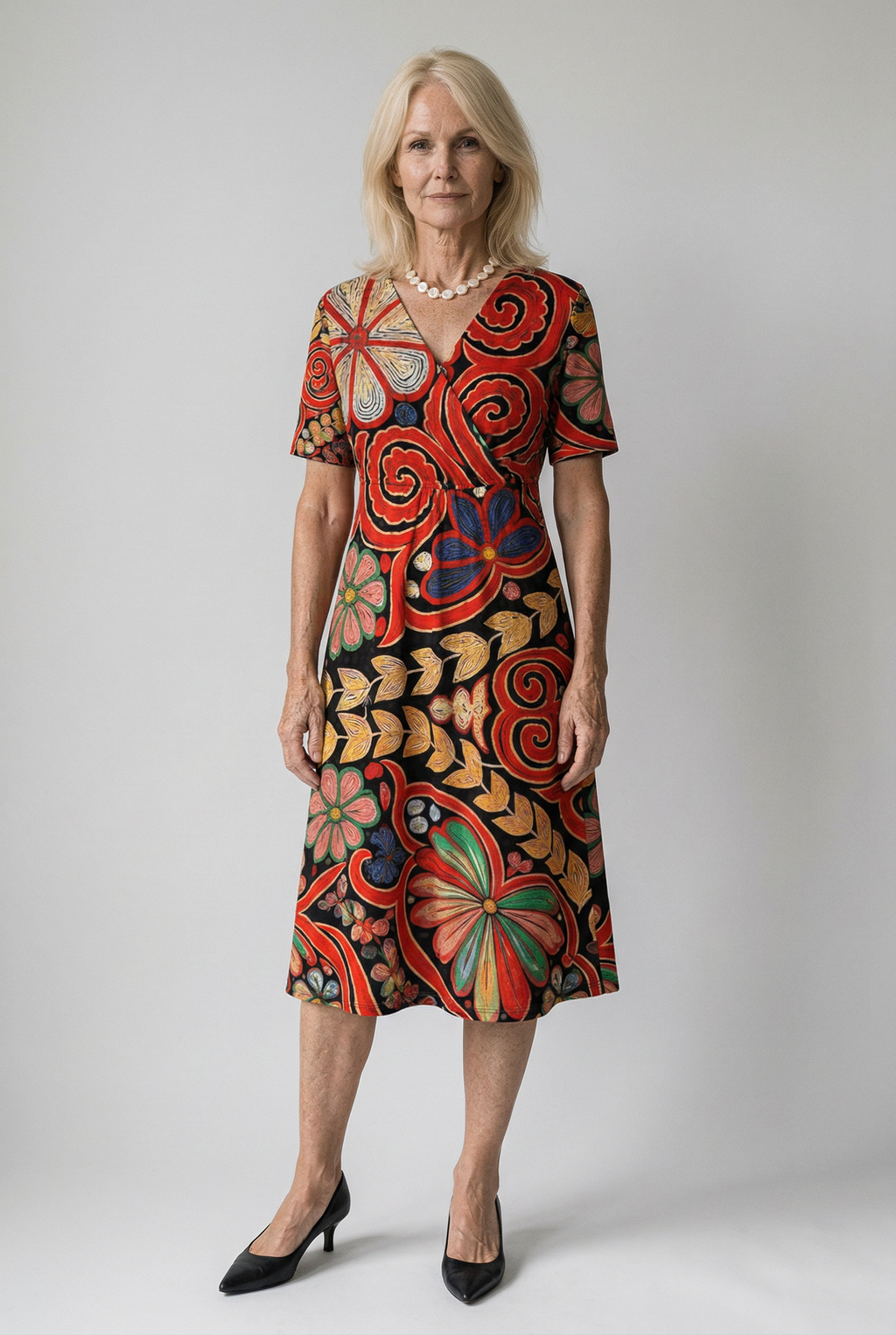 Jurk met patchworkprint, korte mouwen en zijzakken