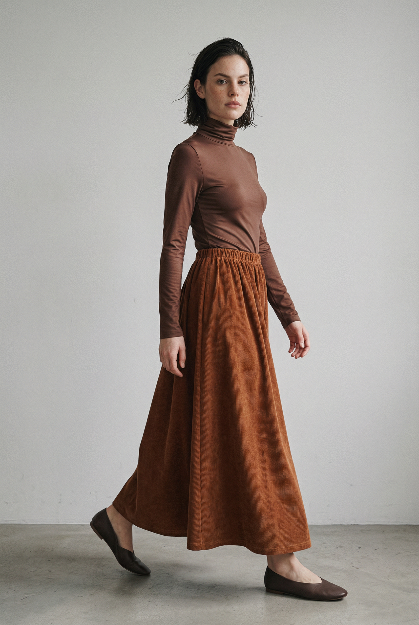 Turtleneck Top and Corduroy Skirt Two-Piece Set with Belt