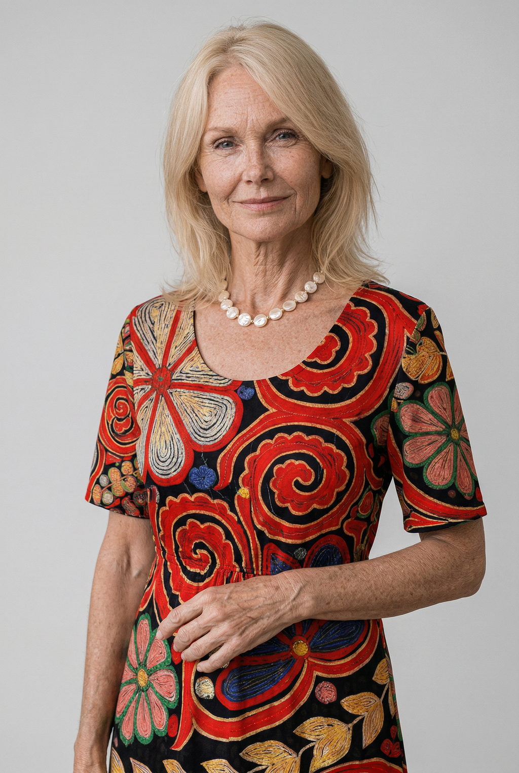 Jurk met patchworkprint, korte mouwen en zijzakken
