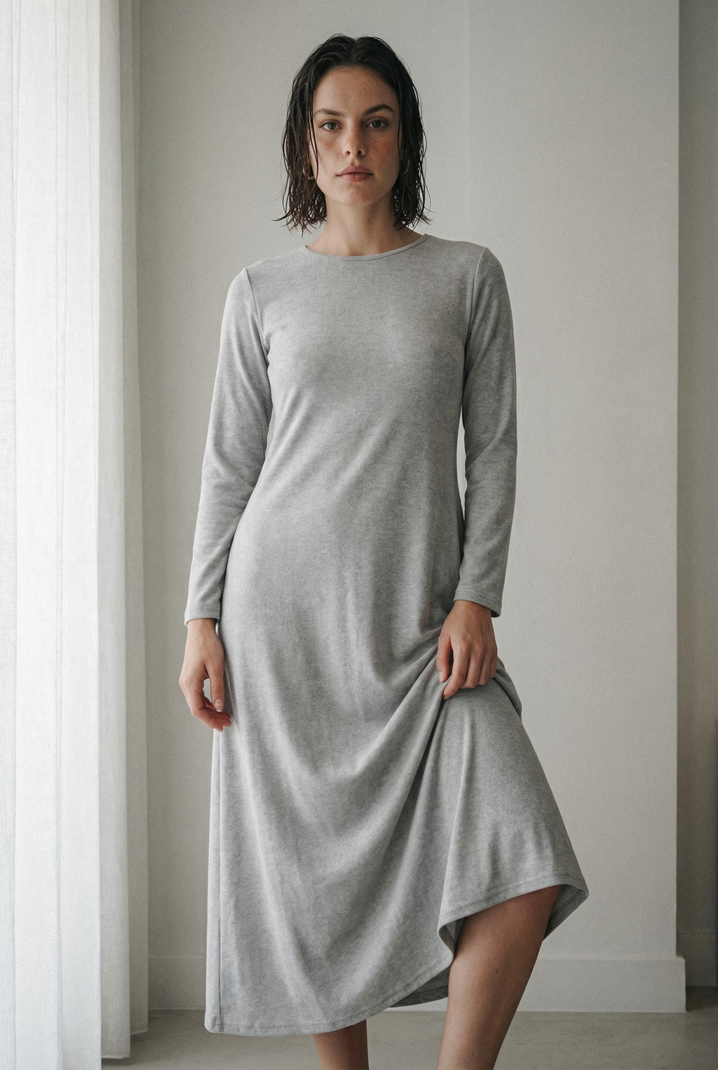 Long Sleeve A-Line Maxi Dress in a Soft Solid Knit