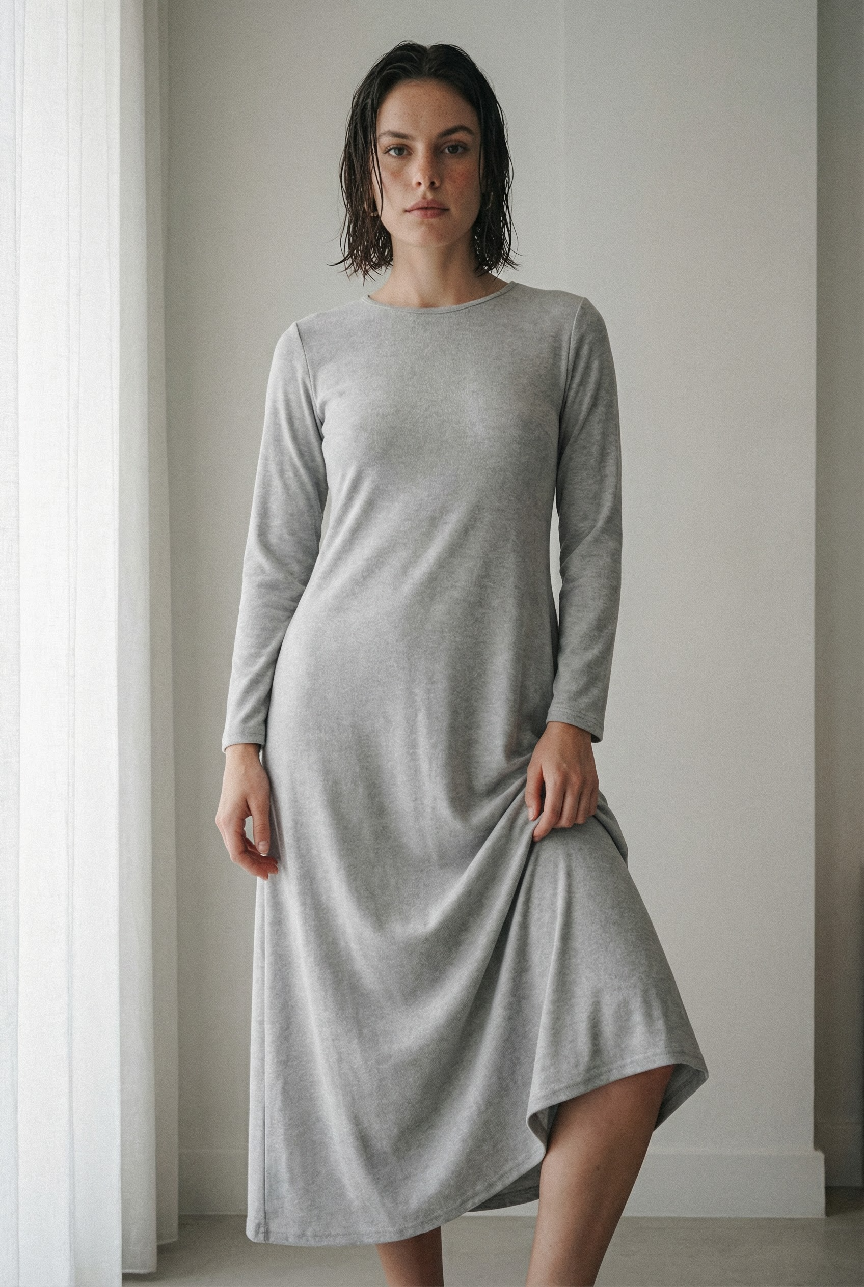 A-lijn maxi-jurk met lange mouwen in zacht effen tricot
