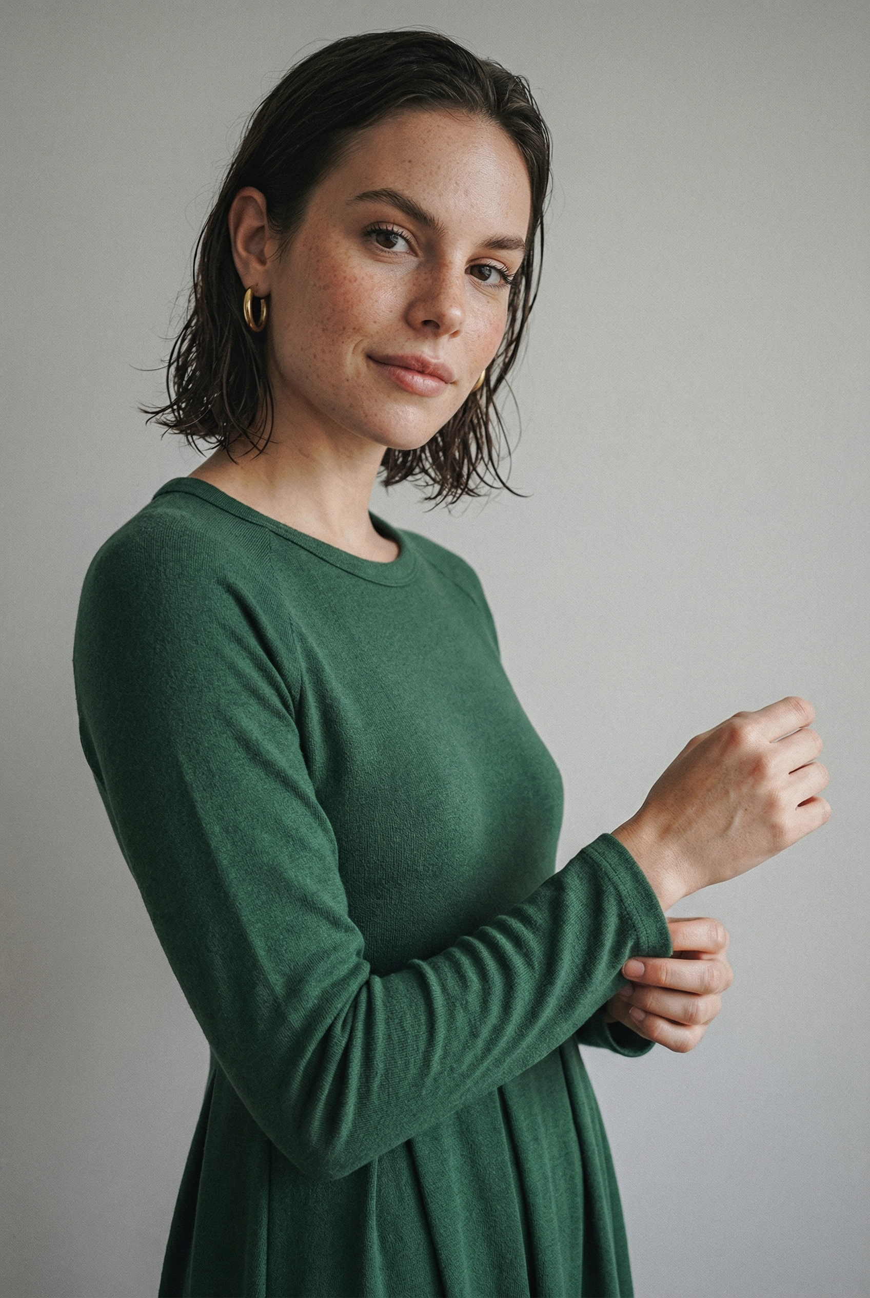 A-lijn maxi-jurk met lange mouwen in zacht effen tricot