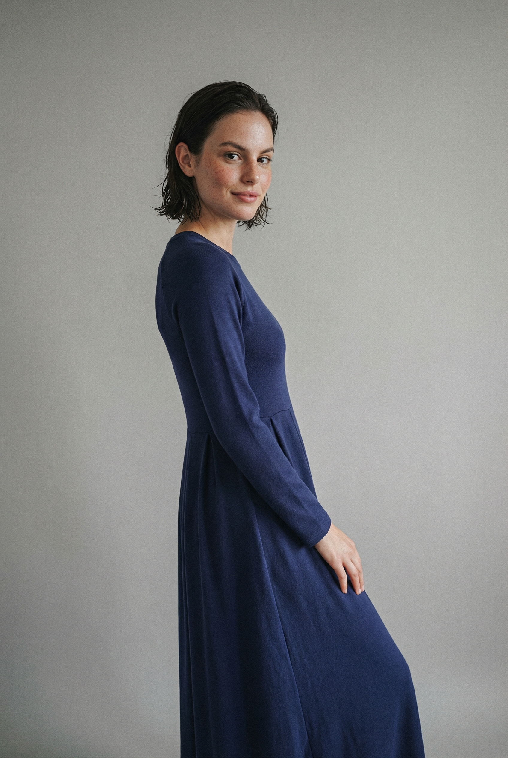 A-lijn maxi-jurk met lange mouwen in zacht effen tricot