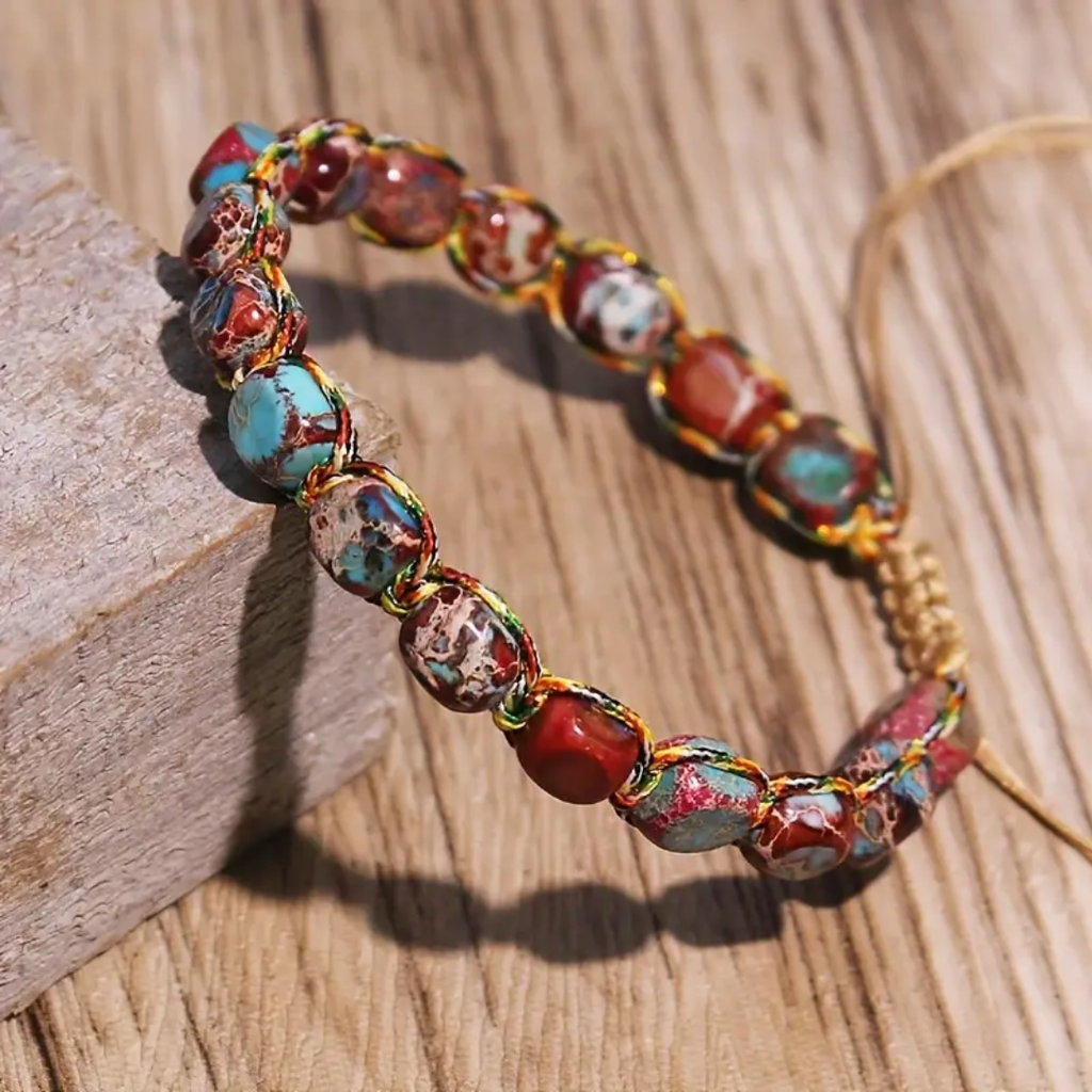 Pulseira de Contas de Jaspe Imperial em Tons Turquesa e Vermelho