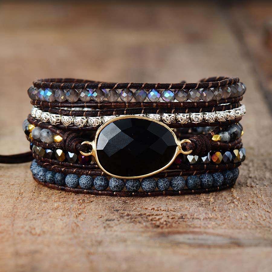 Black Onyx-Look Multi-Strand Wrap Bracelet