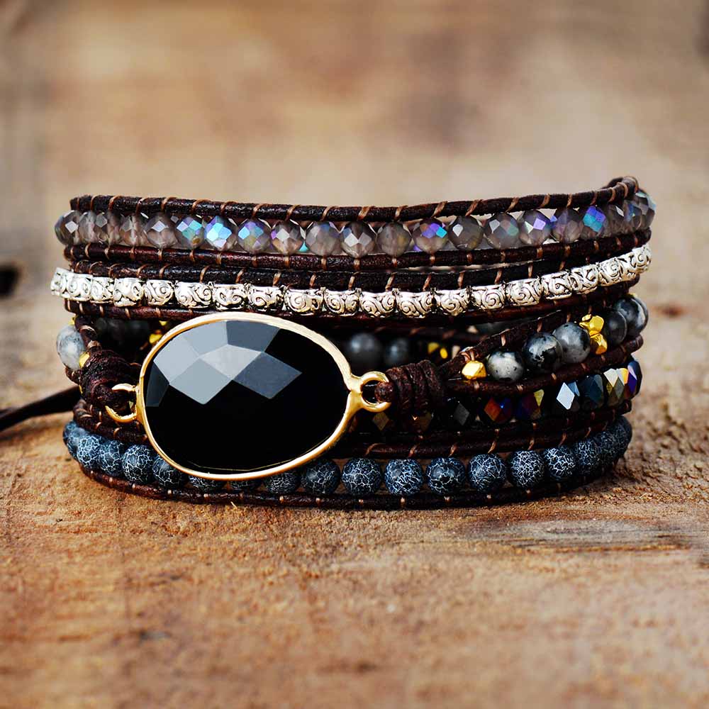 Black Onyx-Look Multi-Strand Wrap Bracelet