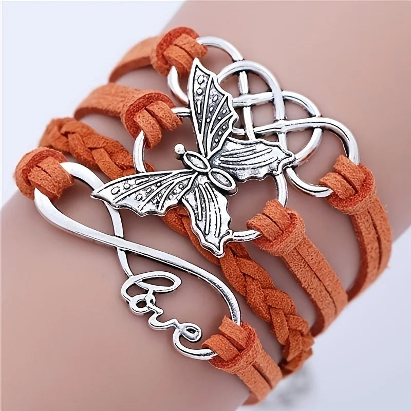 Vintage-Style Butterfly Leather Bracelet in Many Colours