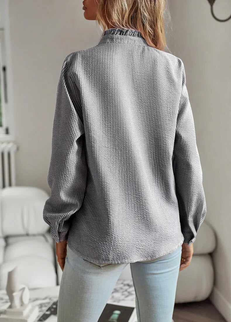 Ruffle-Collar Blouse with Button Cuffs