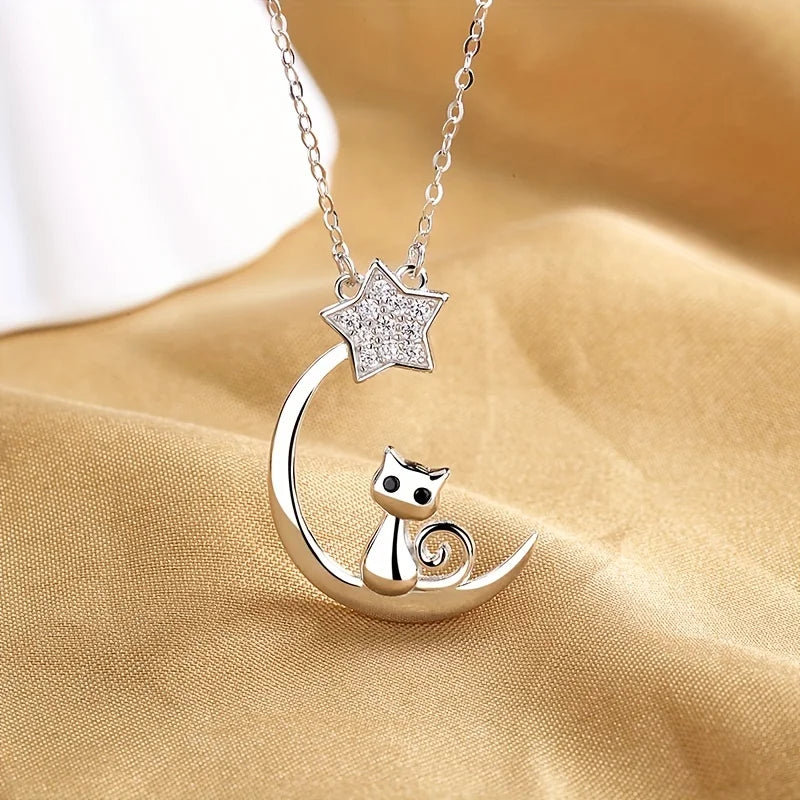 Sterling Silver Cat, Moon and Star Necklace