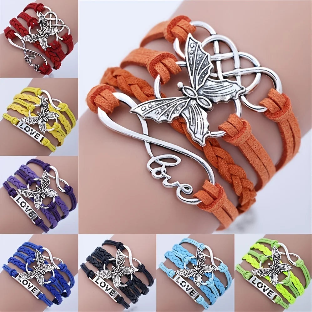Vintage-Style Butterfly Leather Bracelet in Many Colours