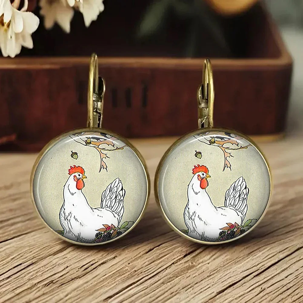 Animal Glass Dome Earrings in Fox, Cat or Chicken
