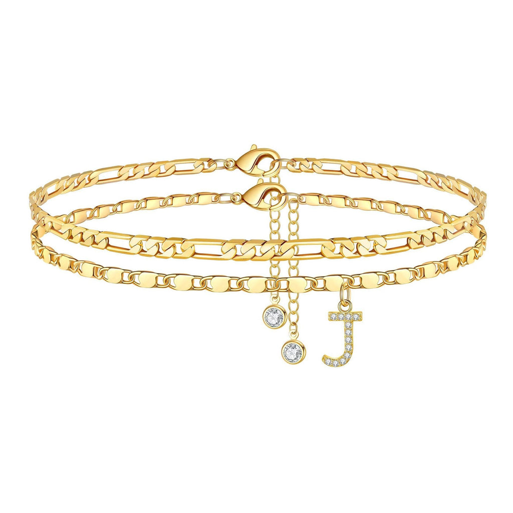 Two-Piece Initial Anklet Set with Diamond-Look Letter Charm