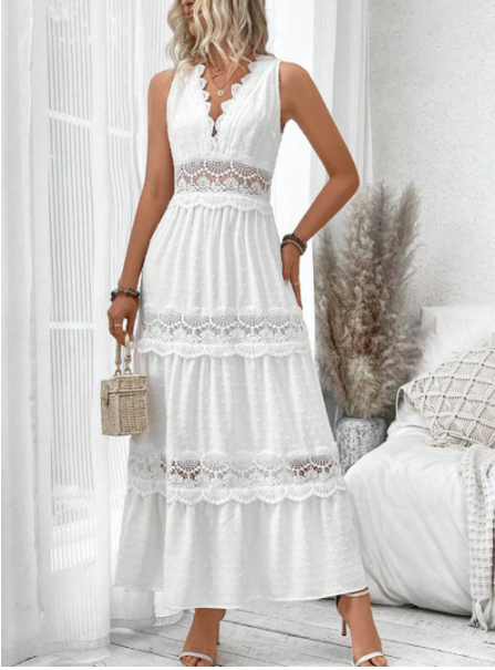 Sleeveless V-Neck Lace Panel Tiered Maxi Dress