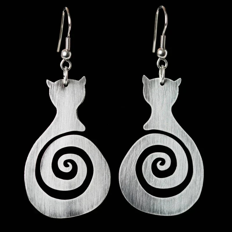 Vintage-Style Cat Silhouette Spiral Earrings