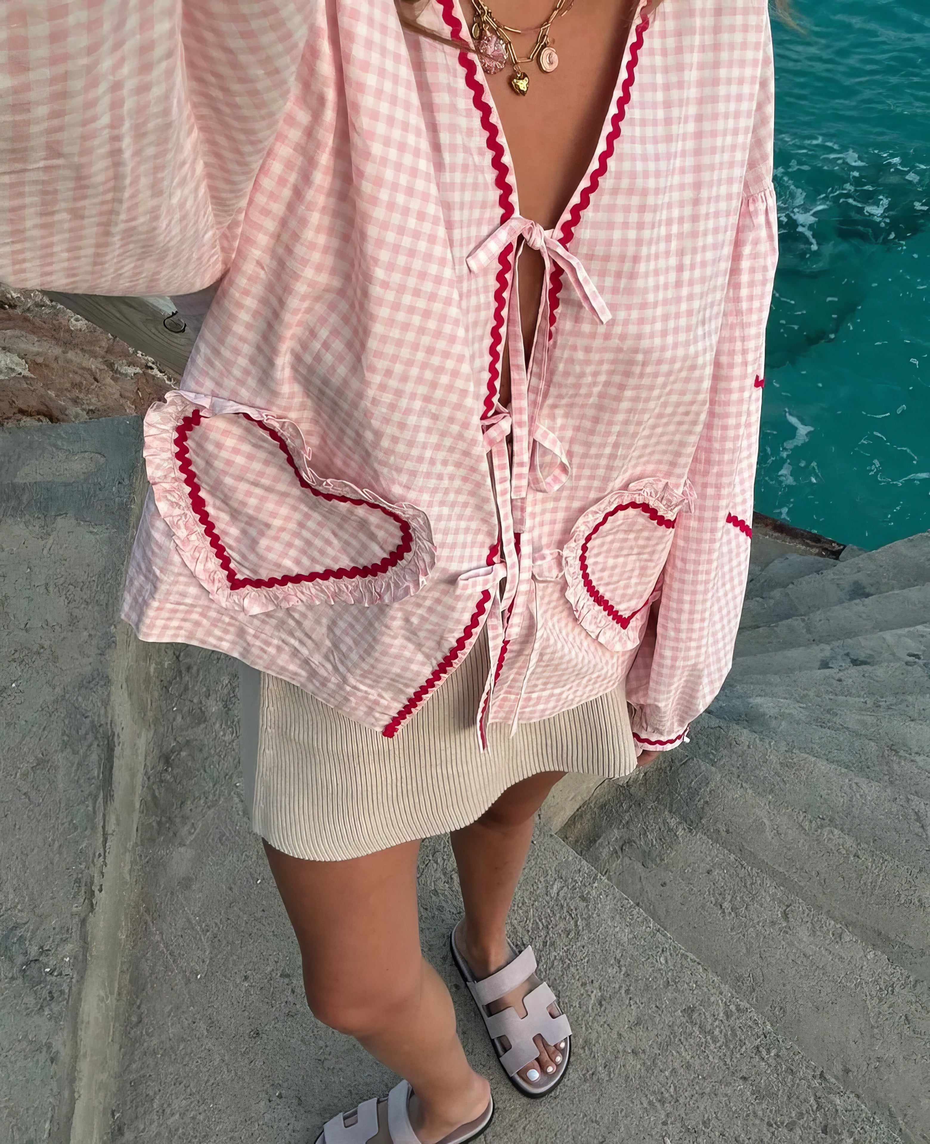 Tie-Front Blouse in Cotton with Gingham Heart Print