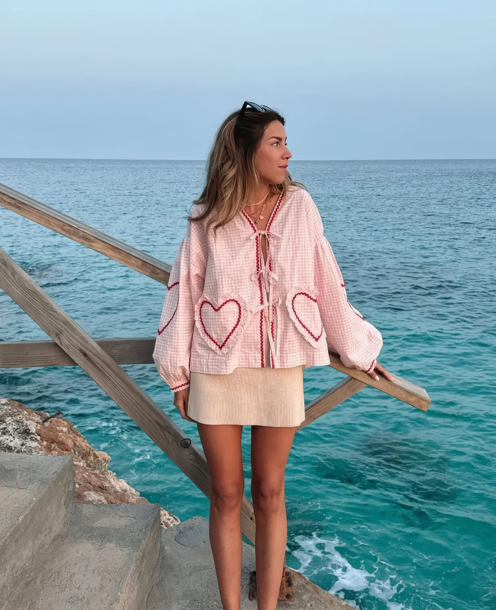 Tie-Front Blouse in Cotton with Gingham Heart Print