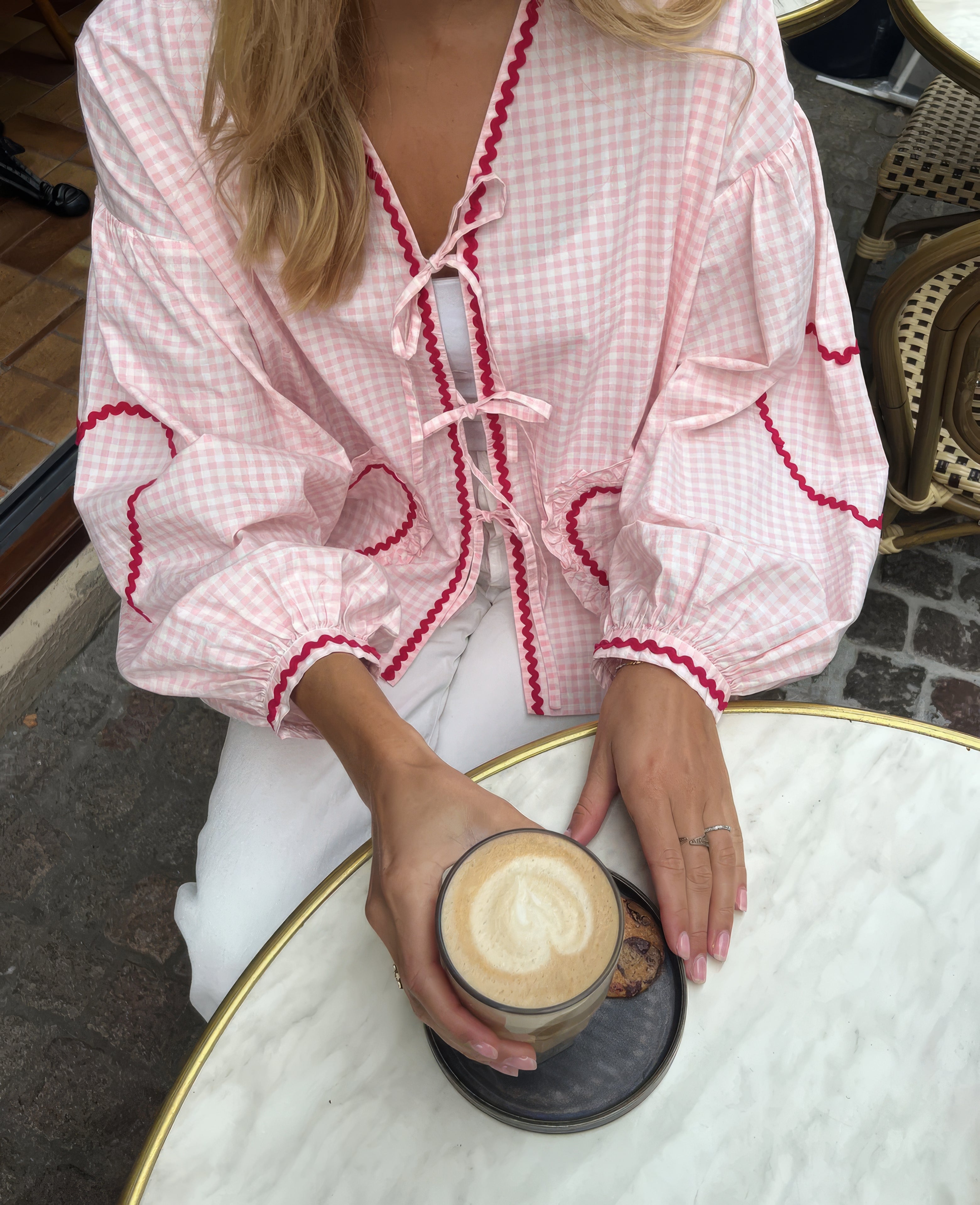 Tie-Front Blouse in Cotton with Gingham Heart Print