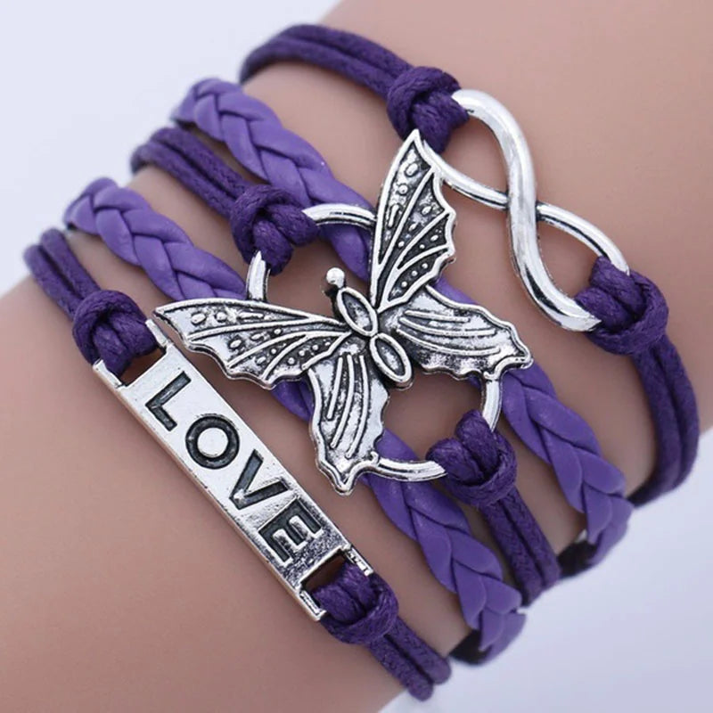 Vintage-Style Butterfly Leather Bracelet in Many Colours