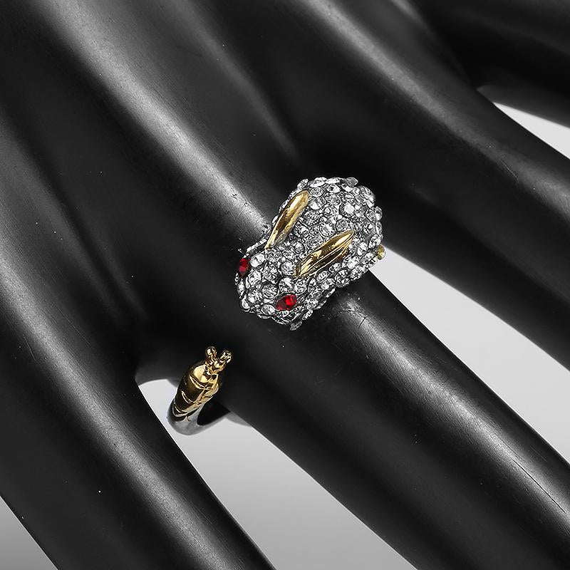 Adjustable Silver-Tone Bunny and Carrot Crystal Ring