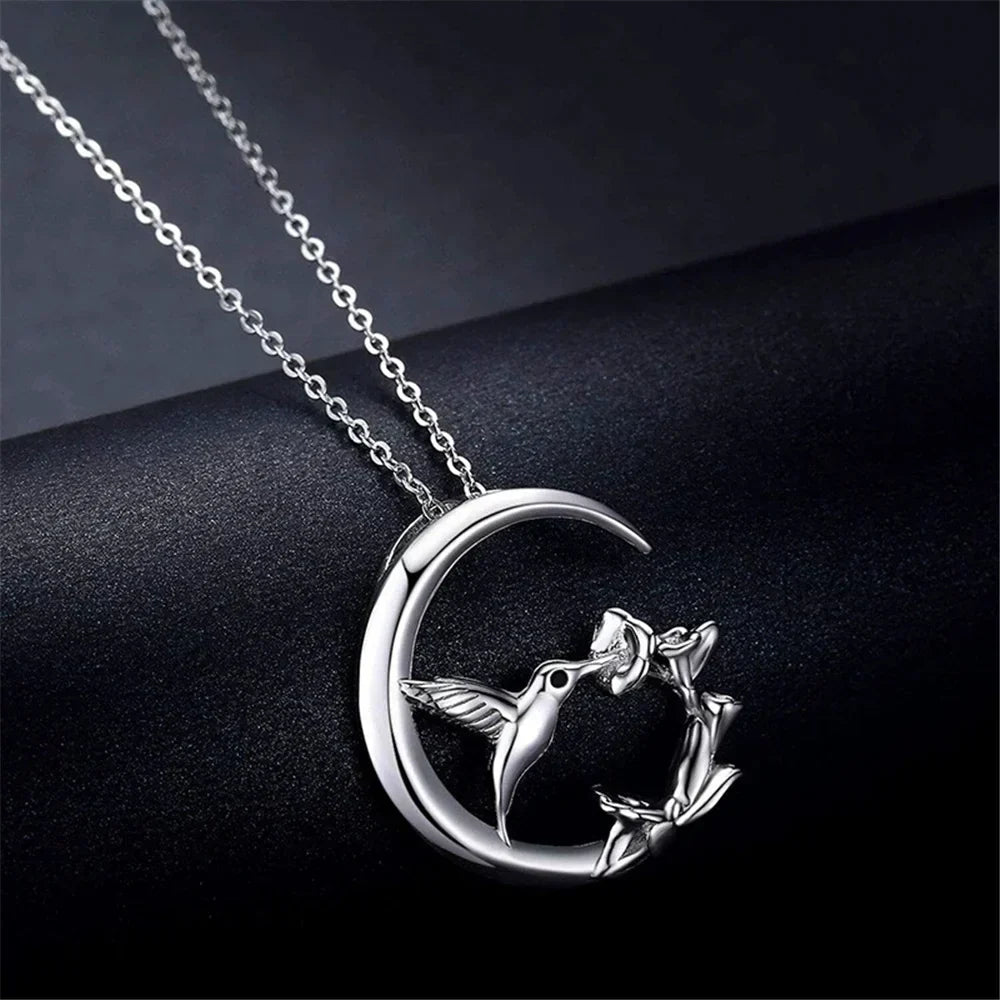 Vintage-Style Silver-Tone Moon and Bird Pendant Necklace