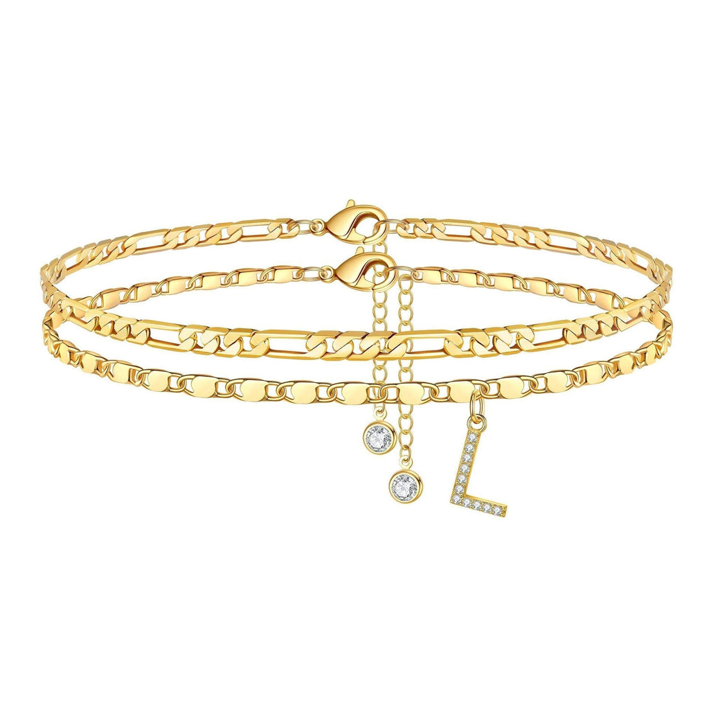 Two-Piece Initial Anklet Set with Diamond-Look Letter Charm