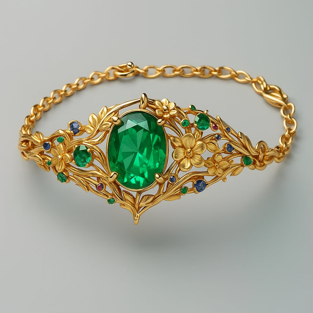 Goudkleurige armband met groen en blauw kristal