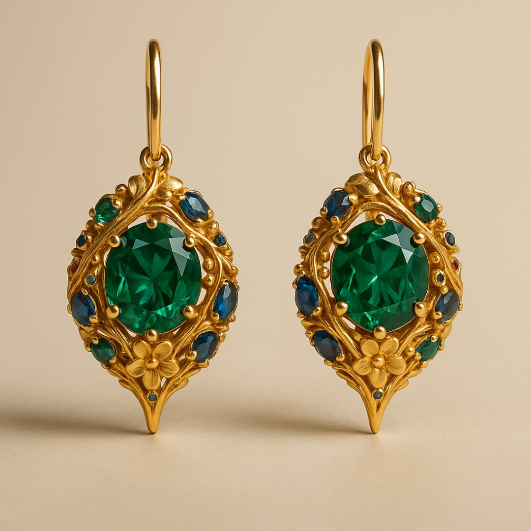 Goudkleurige oorbellen met groen en blauw kristal
