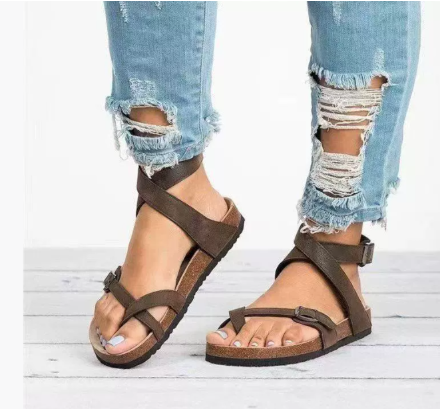 Ankle Strap Flat Sandals in Faux Leather