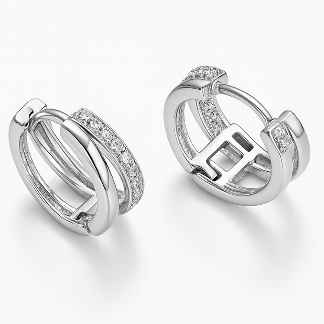 Layered Pavé Huggie Earrings in Silver Tone