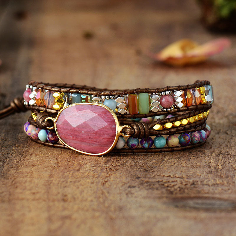 Wikkelarmband met rhodoniet en jaspis
