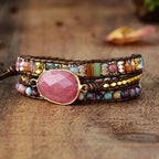 Wikkelarmband met rhodoniet en jaspis