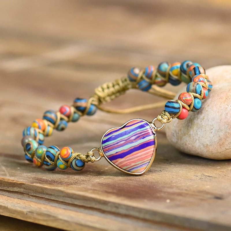Pulseira de Contas de Jaspe com Pedra em Coração