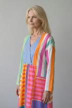 Colourful Patchwork Maxi Dress with V-Neck and Long Sleeves
