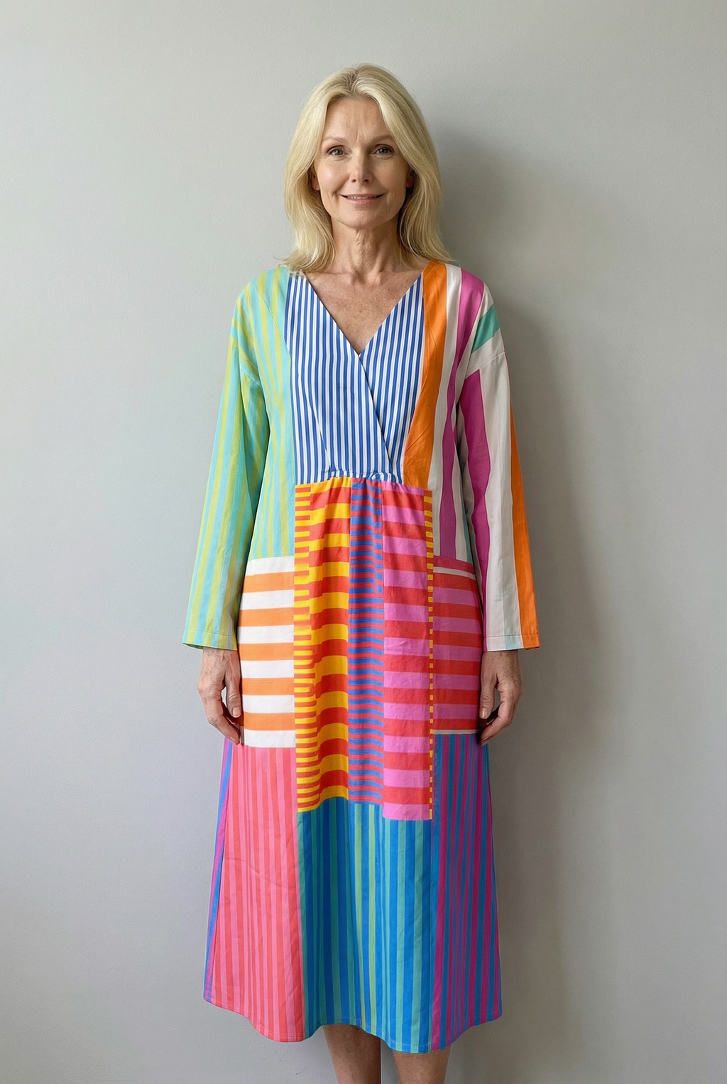 Colourful Patchwork Maxi Dress with V-Neck and Long Sleeves