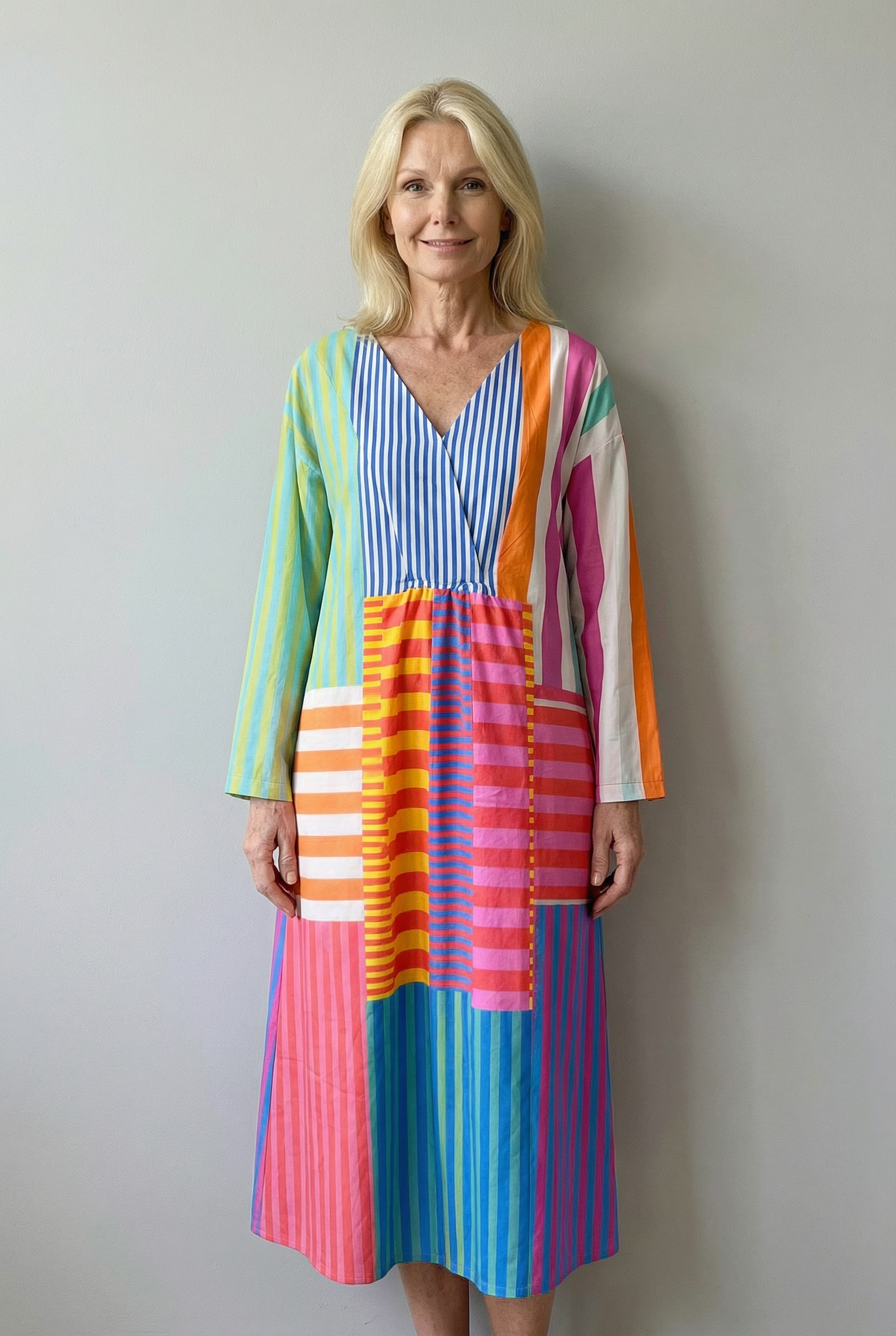 Kleurrijke patchwork maxi-jurk met V-hals en lange mouwen